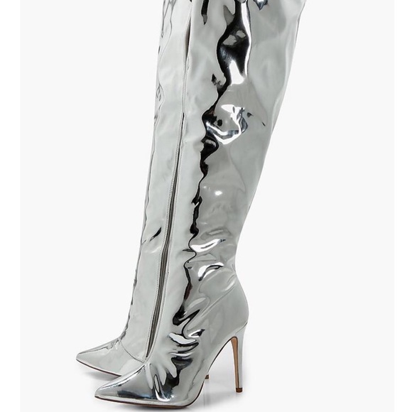 metallic thigh high boot